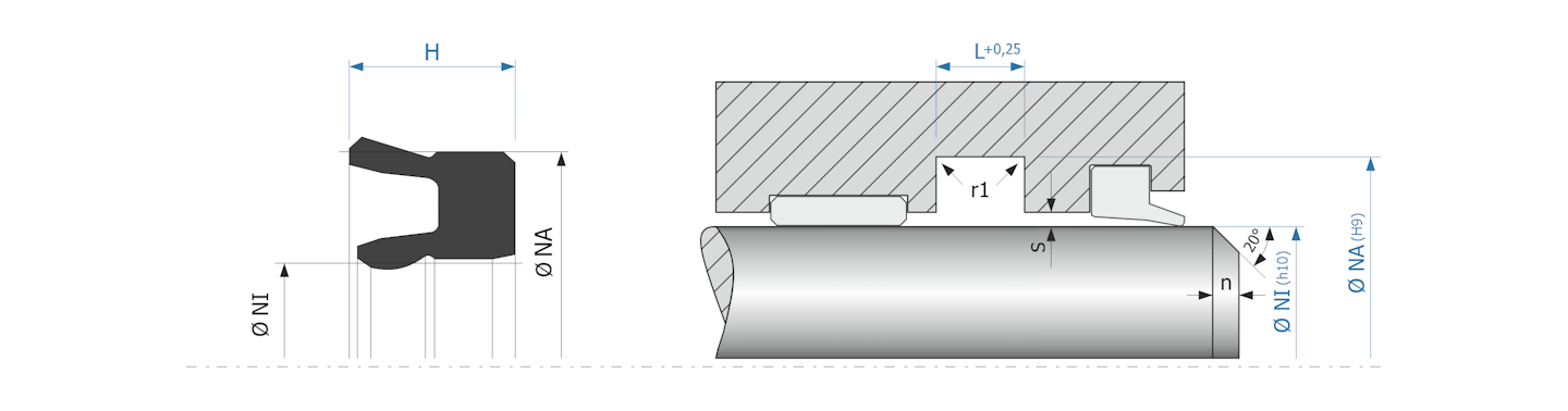 Obrázok zobrazuje príklad použitia a výkres uloženia pneumatického tesnenia piestnice MEGAseal MSR05A