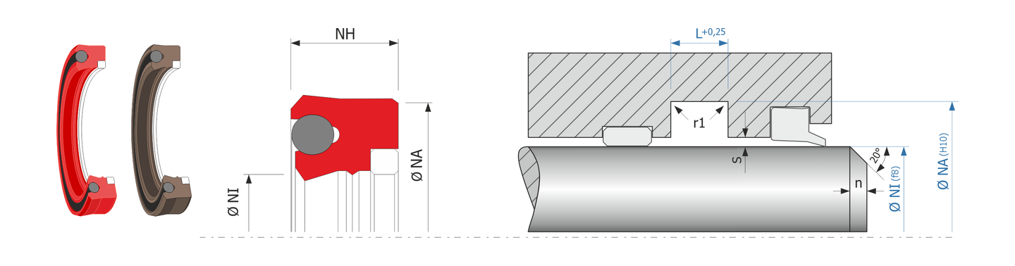 Obrázok zobrazuje príklad použitia a výkres uloženia tesnenia piestnice MEGAseal MSR17C