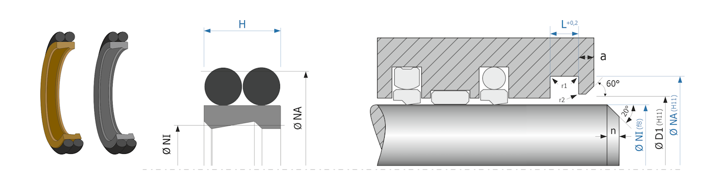 Obrázok zobrazuje príklad použitia a výkres uloženia stieracieho krúžku MEGAseal MSW15