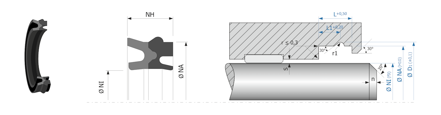 Obrázok zobrazuje príklad použitia a výkres uloženia pneumatického tesnenia MEGAseal MSR994