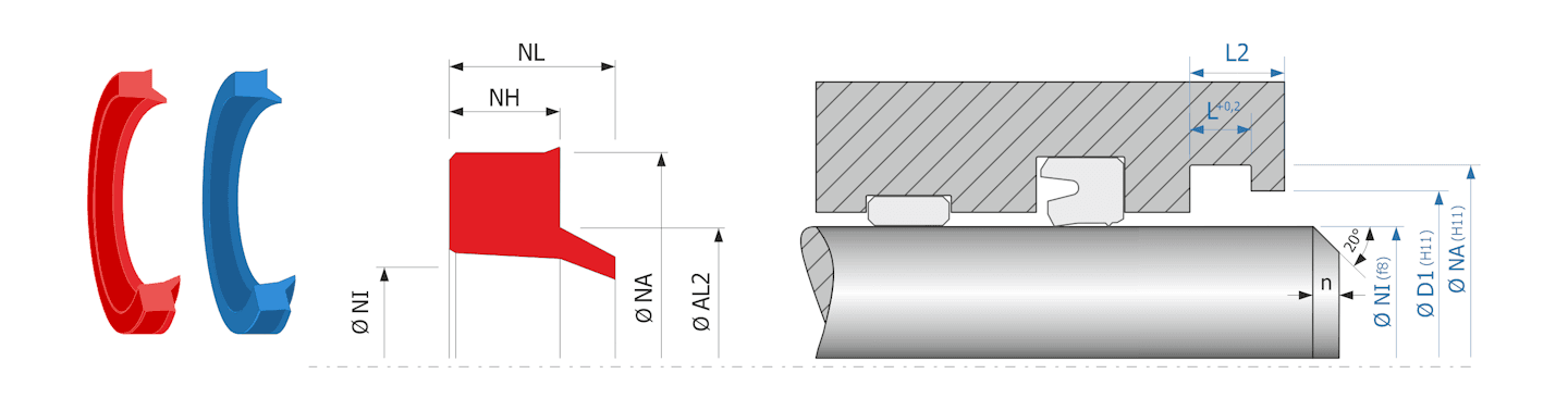 Obrázok zobrazuje príklad použitia a výkres uloženia stieracieho krúžku MEGAseal MSW02C